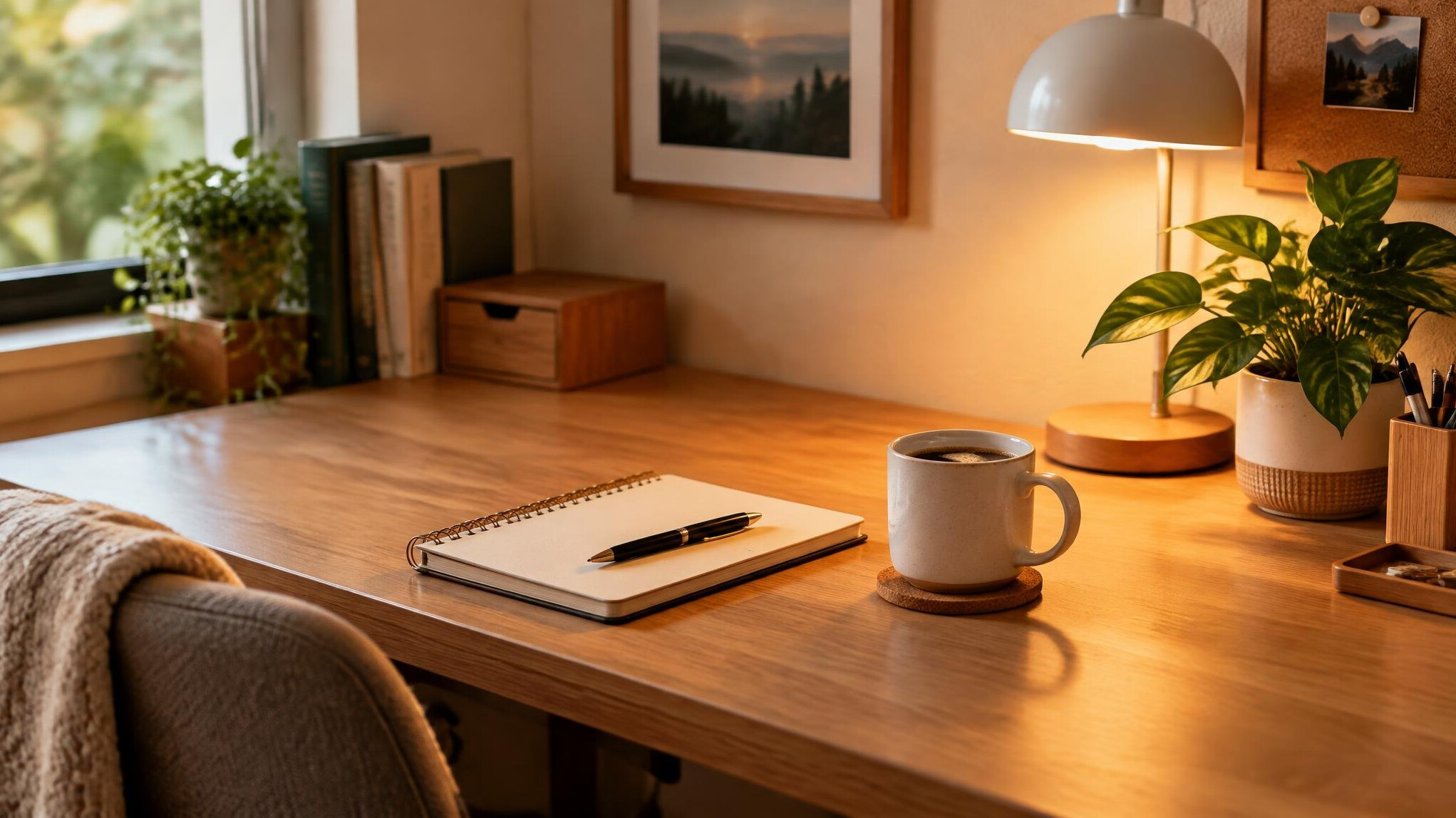 Mesa de escritório com caderno e café