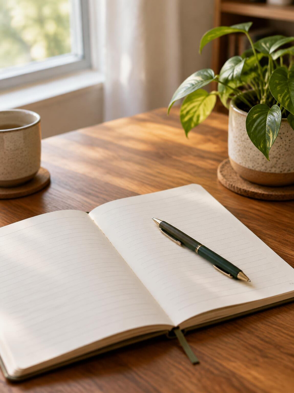 Caderno e caneta sobre uma mesa de madeira