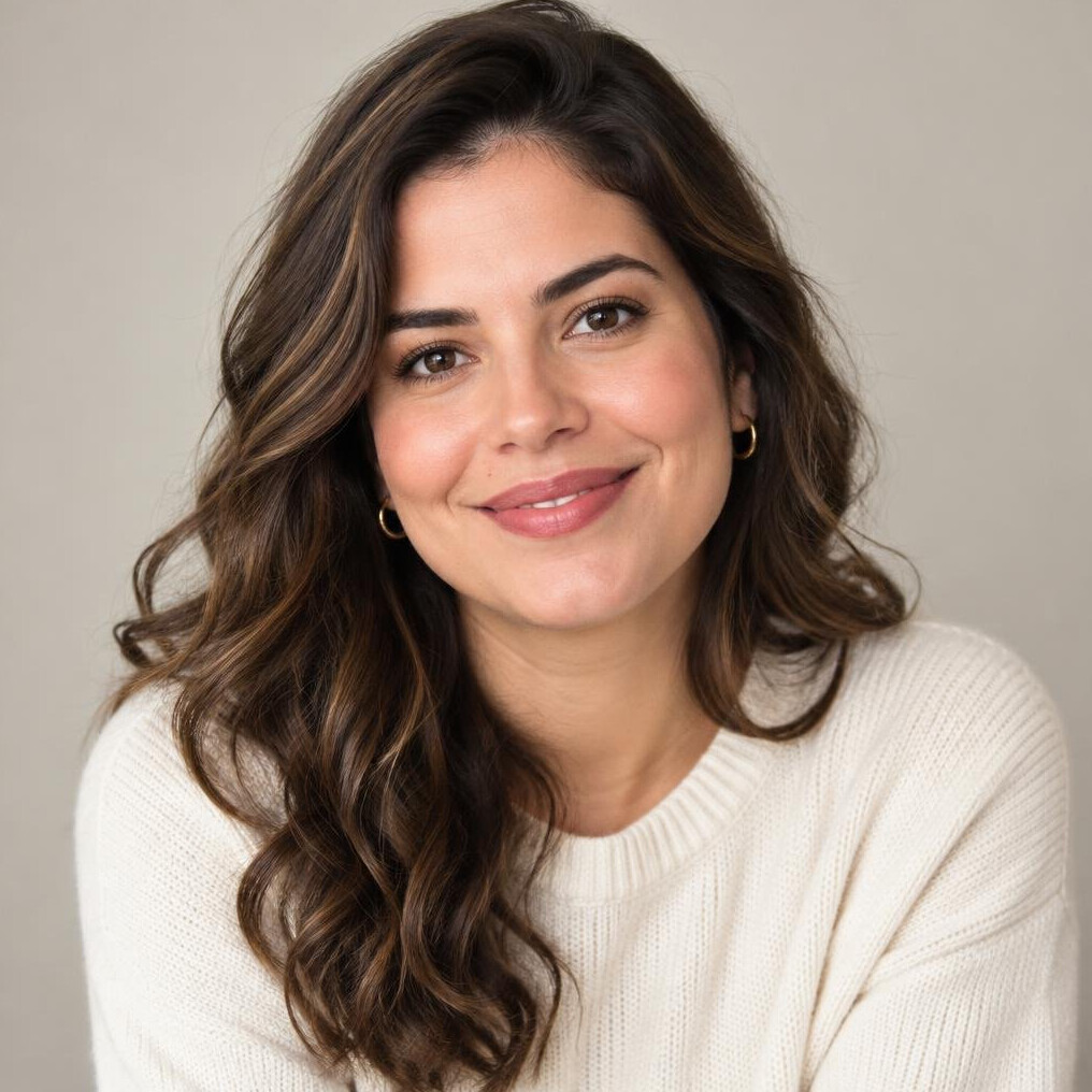Retrato de uma mulher colunista sorrindo